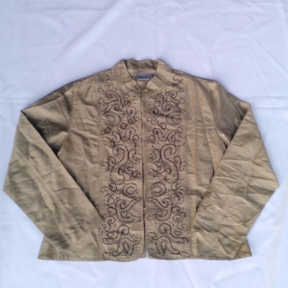 Beaded Gold 100% Silk Chico's Mandarin Embroidered Beaded  Kimono Blazer Jacket - Picture 8 of 8